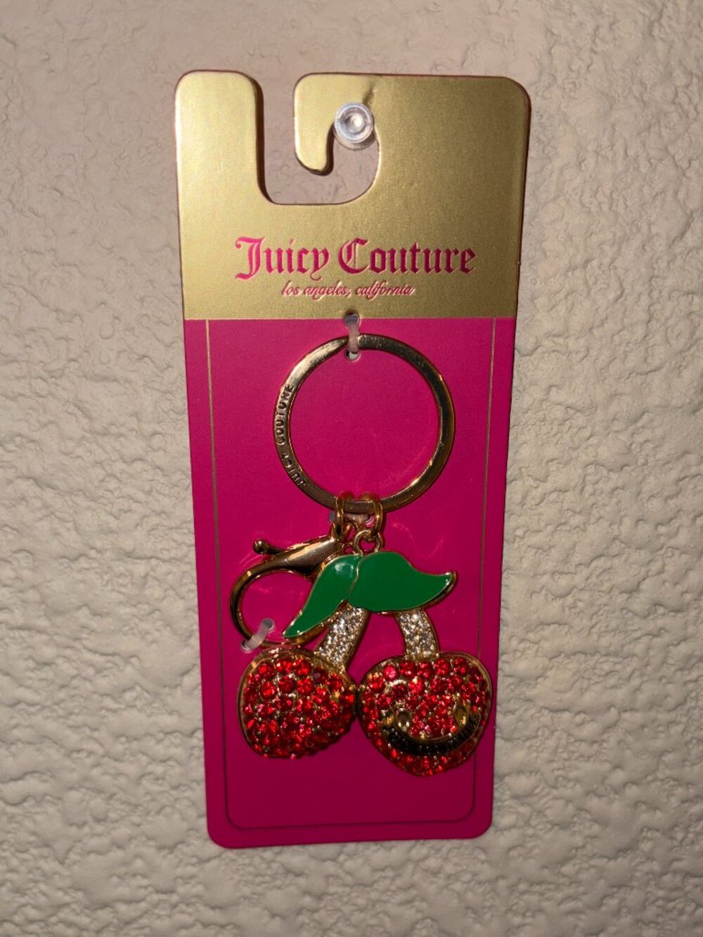 Juicy Couture Cherry Rhinestone Bag Charm Keychain Gold Tone Red Crystal NWT